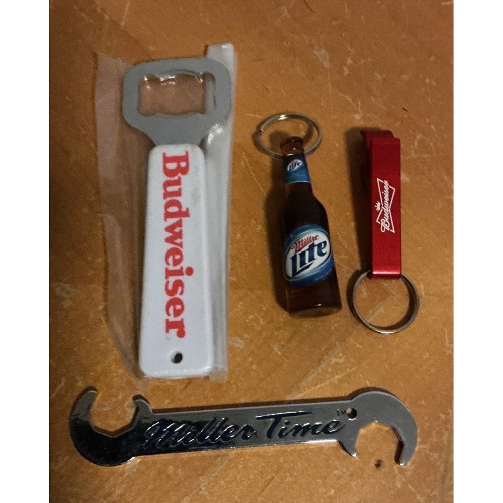 Lot of 4 Budweiser Miller Lite Keychain Bottle Opener Tab Top